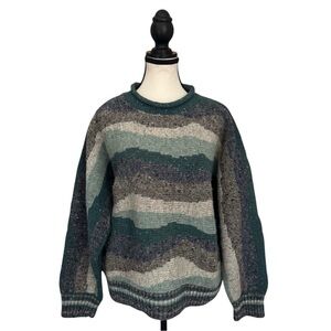Wool Sweater – Green Grey Striped Wavy Knit, Oversized All Size Cozy Pullover